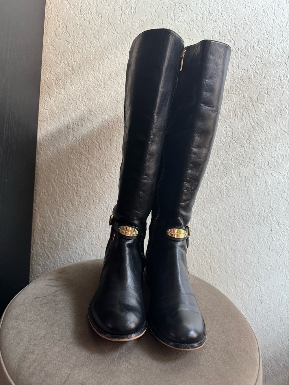 Michael Kors Black Tall Leather Riding Boots with Gold Hardware